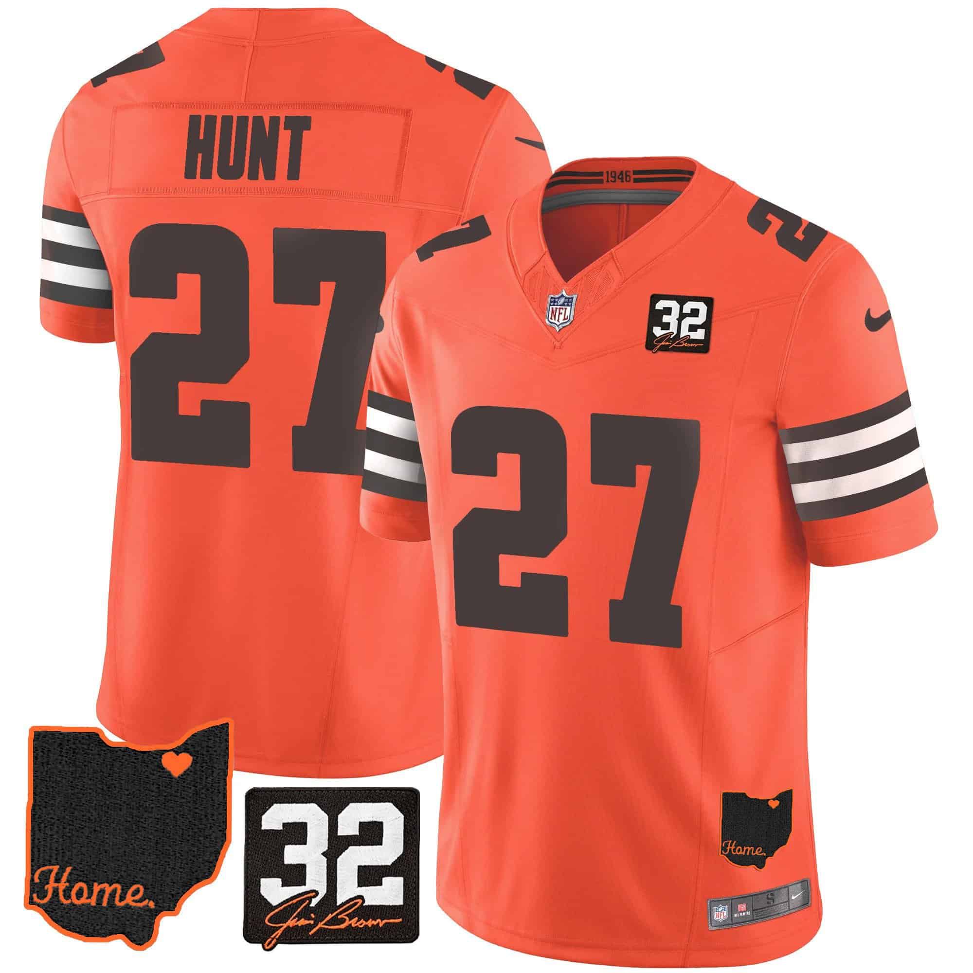 Men Cleveland Browns #27 Hunt Orange Memorial Home Patch 2024 Nike NFL Jersey